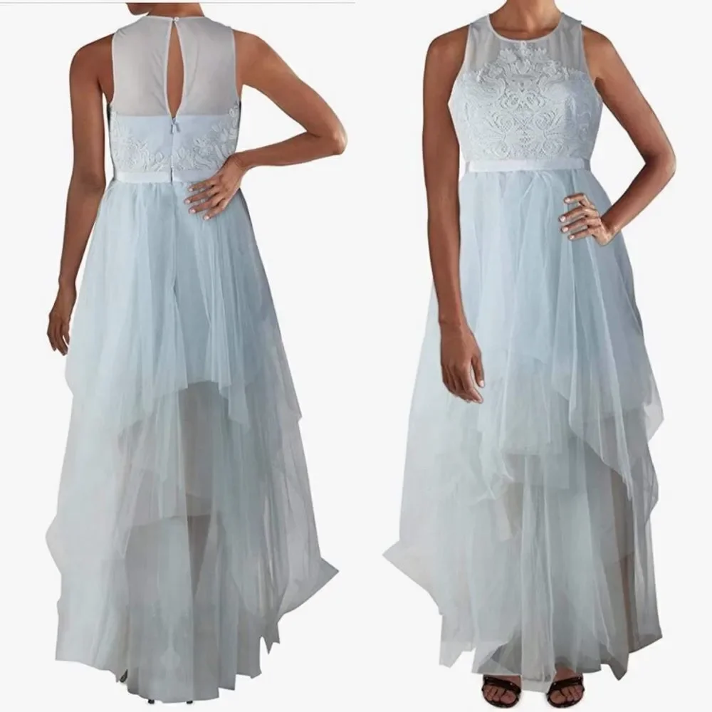 BCBGMAXAZRIA Sleeveless Embroidered Tulle Evening Gown Maxi Dress Light Blue 6